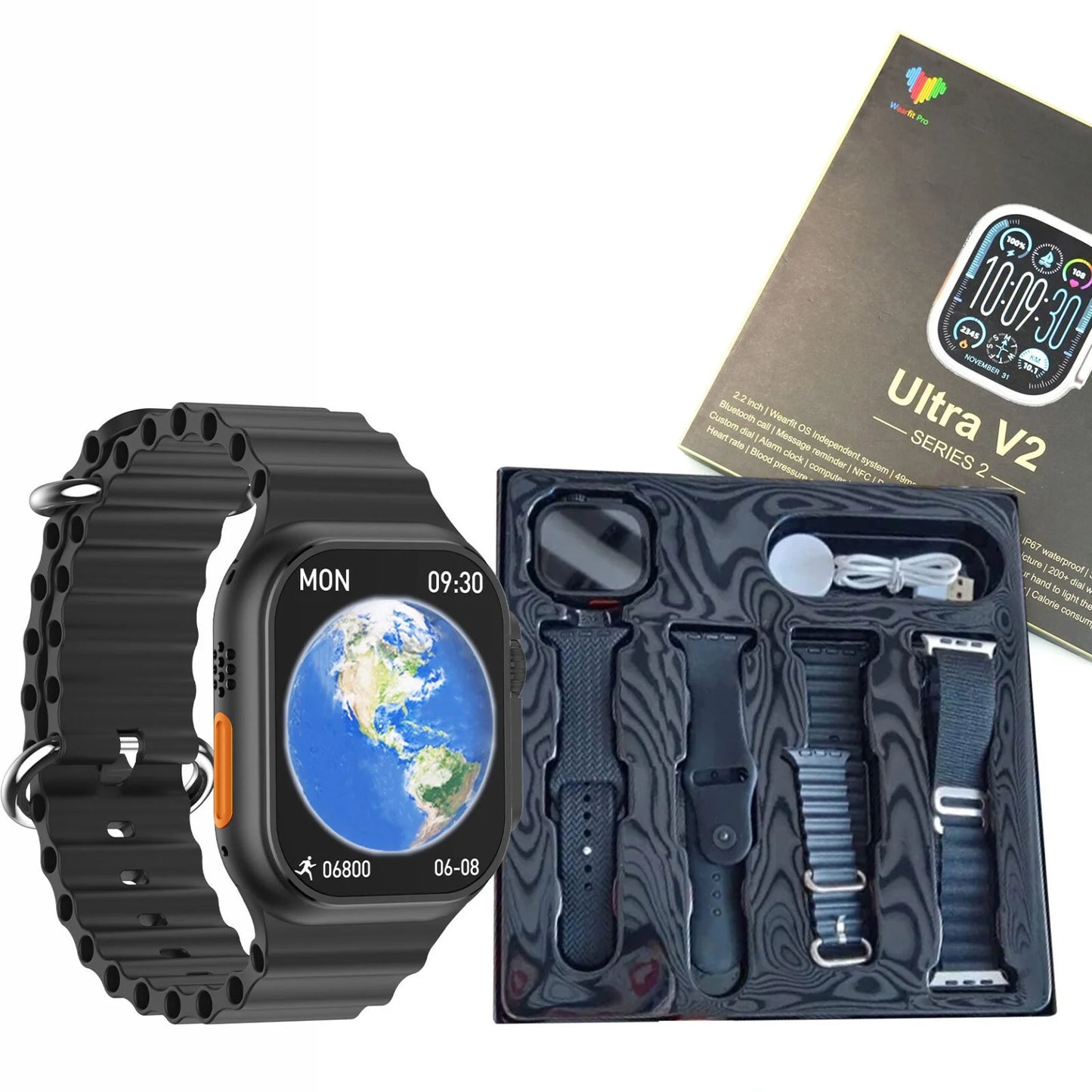 Ultra V2 Smartwatch 2.2" Large Screen with 4 Straps – WearFit Pro App (Black)