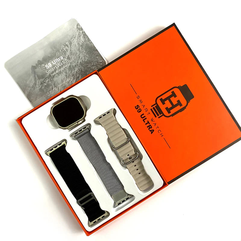 S9 Ultra 49mm Series 9 Smart Watch – 2.2" HD Screen, Bluetooth Calling with FitPro App (Silver, 3 Straps + Metal Milanese)